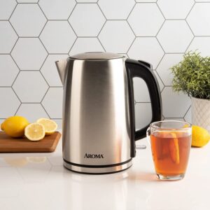 Aroma Housewares AROMA® 1.7L / 7-Cup Stainless Steel Electric Kettle with Cordless Pouring, Automatic Keep Warm Mode, Powerful & Quick 1750 Wattage (AWK-1402SB)