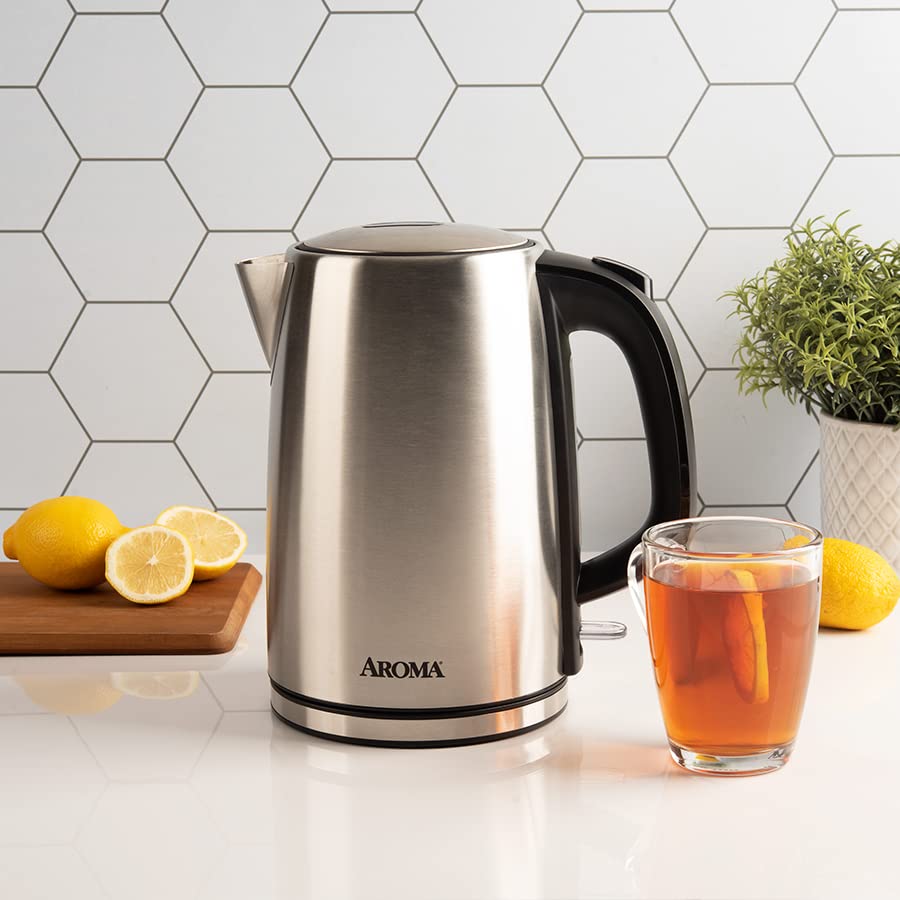 Aroma Housewares AROMA® 1.7L / 7-Cup Stainless Steel Electric Kettle with Cordless Pouring, Automatic Keep Warm Mode, Powerful & Quick 1750 Wattage (AWK-1402SB)