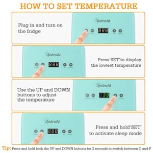 AstroAI Mini Fridge 6 Liter/8 Can Skincare Fridge for Bedroom - with Upgraded Temperature Control Panel - AC/12V DC Thermoelectric Portable Cooler and Warmer for Skin Care, Foods (Green)