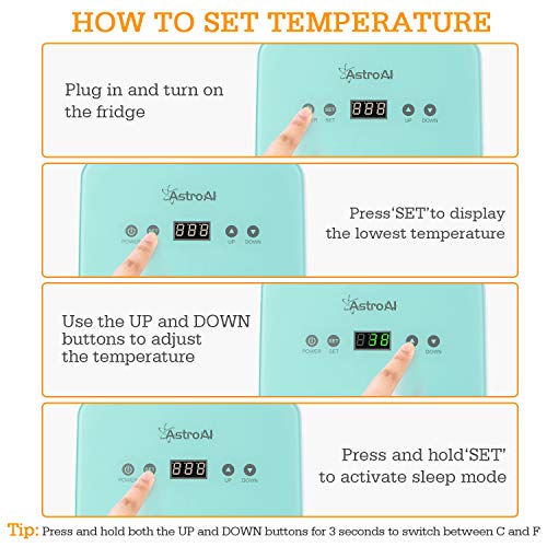 AstroAI Mini Fridge 6 Liter/8 Can Skincare Fridge for Bedroom - with Upgraded Temperature Control Panel - AC/12V DC Thermoelectric Portable Cooler and Warmer for Skin Care, Foods (Green)