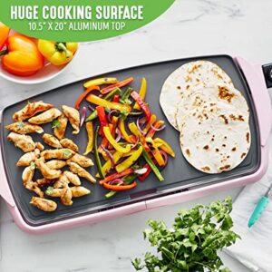 GreenLife Healthy Ceramic Nonstick, Extra Large 20" Electric Griddle for Pancakes Eggs Burgers and More, Stay Cool Handles, Removable Drip Tray, Adjustable Temperature Control, PFAS-Free, Soft Pink