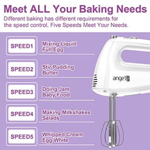 Mini Angel Hand Mixer, 400W Portable Kitchen Handheld Mixer with Eject Button, 5 Speed & 5 Stainless Steel Accessories, Egg Beaters and Whisk for Easy Whipping Cake, Cream, Batters, Cookies