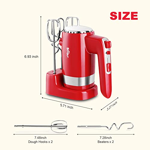 Bear Hand Mixer Electric, 5 Speed with Turbo Powerful Electric Hand Mixer with Storage Base, 4 Stainless Steel Accessories, Easy Eject, Red Mixer Electric Handheld for Whipping Dough Brownies Cream Cake & Cookies