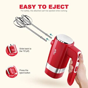 Bear Hand Mixer Electric, 5 Speed with Turbo Powerful Electric Hand Mixer with Storage Base, 4 Stainless Steel Accessories, Easy Eject, Red Mixer Electric Handheld for Whipping Dough Brownies Cream Cake & Cookies