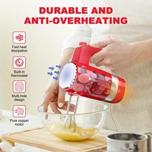 Bear Hand Mixer Electric, 5 Speed with Turbo Powerful Electric Hand Mixer with Storage Base, 4 Stainless Steel Accessories, Easy Eject, Red Mixer Electric Handheld for Whipping Dough Brownies Cream Cake & Cookies