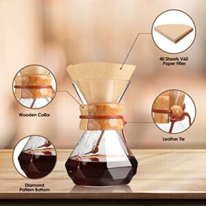 Puricon Pour Over Coffee Maker with V60 Paper Filter 40 Sheets, Holds 1 to 2 Cups, 15oz Coffee Dripper Set Borosilicate Glass Coffee Carafe Brewer, Coffee Server for Home Café Restaurant Camping