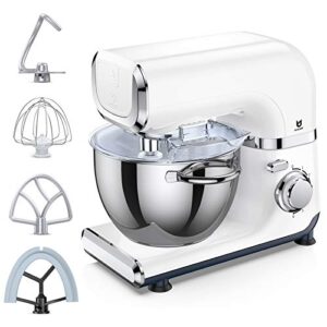 electric stand mixer, utalent 6 adjustable speeds automatic tilt-head mixer with flex edge beater(bowl scraper), egg whisk, dough hook, flat beater, splash guard and 4.2 qt stainless steel bowl for baking, butter, cakes and cookies – white