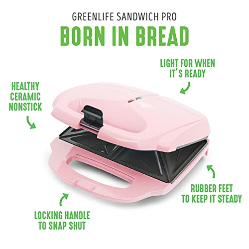 GreenLife Pro Electric Panini Press Grill and Sandwich Maker, Healthy Ceramic Nonstick Plates,Easy Indicator Light, PFAS-Free, Pink