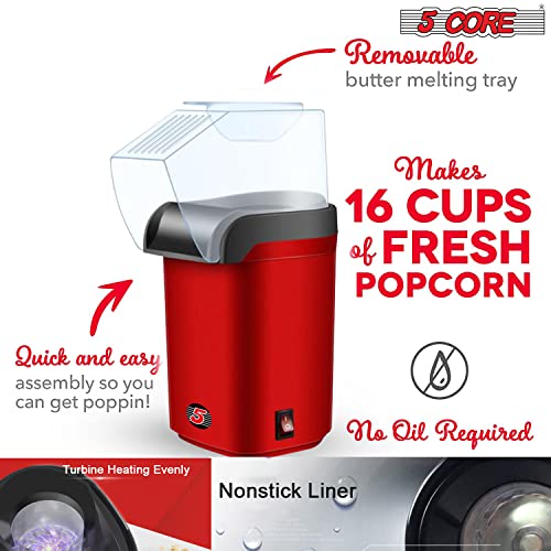 5 Core Hot Air Popcorn Popper 1200W Electric Popcorn Machine Kernel Corn Maker, Bpa Free, 16 Cups, 95% Popping Rate, 3 Minutes Fast, No Oil Healthy Snack for Kids Adults, Home, Party & Gift POP R