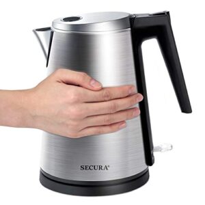 secura double wall stainless steel electric kettle water heater for tea coffee w/auto shut-off and boil-dry protection, 1.5l/1.6qt, black