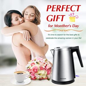 Secura Double Wall Stainless Steel Electric Kettle Water Heater for Tea Coffee w/Auto Shut-Off and Boil-Dry Protection, 1.5L/1.6Qt, Black