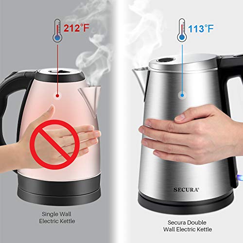 Secura Double Wall Stainless Steel Electric Kettle Water Heater for Tea Coffee w/Auto Shut-Off and Boil-Dry Protection, 1.5L/1.6Qt, Black