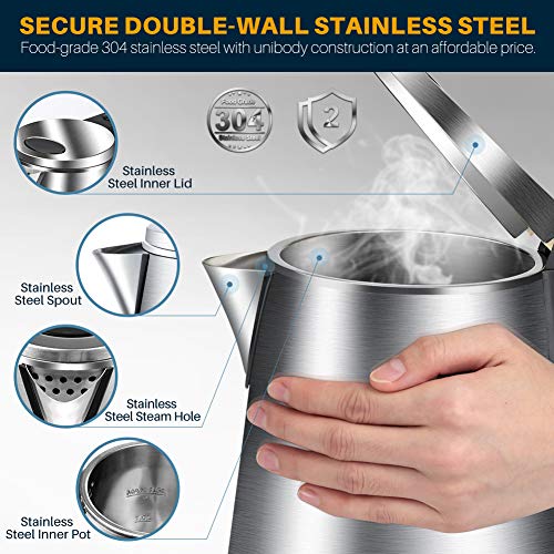 Secura Double Wall Stainless Steel Electric Kettle Water Heater for Tea Coffee w/Auto Shut-Off and Boil-Dry Protection, 1.5L/1.6Qt, Black