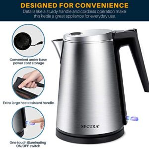 Secura Double Wall Stainless Steel Electric Kettle Water Heater for Tea Coffee w/Auto Shut-Off and Boil-Dry Protection, 1.5L/1.6Qt, Black