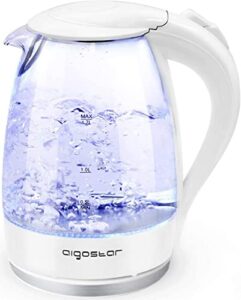 aigostar electric kettle, 1.7l glass electric tea kettle rapid heating, borosilicate glass, auto shutoff and boil-dry protection, hot water boiler bpa free and cordless with led indicator