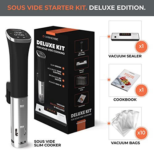 Sous Vide Cooker Kit All In One| Sous Vide Immersion Circulator Slim Design 1000W Precise Temperature with Vacuum Sealer Machine and Sous Vide Vacuum Bags | 24 Month Warranty | Deluxe Edition