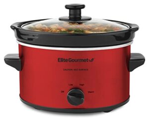 elite gourmet mst-275xr# electric oval slow cooker, adjustable temp, entrees, sauces, stews & dips, dishwasher safe glass lid & crock (2 quart, red)