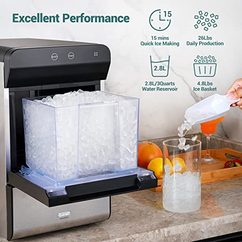 Gevi Household V2.0 Countertop Nugget Ice Maker With Viewing Window | Self Cleaning Pellet Ice Machine | Open and Pour Water Refill | Stainless Steel Housing | Fit Perfectly under Wall Cabinet | Black