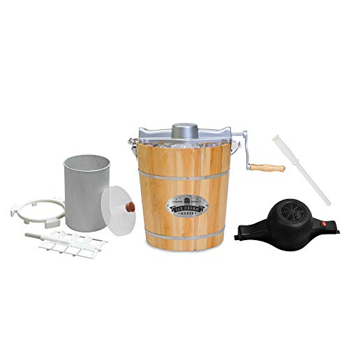 Elite Gourmet EIM402 Old Fashioned 4 Quart Vintage Wood Bucket Electric Ice Cream Maker Machine, *Bonus Classic Die-Cast Hand Crank for Churning, Uses Ice & Rock Salt Churns Ice Cream in Minutes, Pine