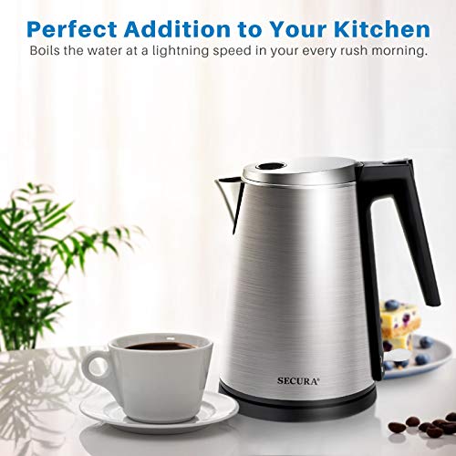 Secura Electric Kettle Water Boiler for Tea Coffee Stainless Steel 1.5L Large Cordless Hot Water Pot BPA Free with Auto Shut-Off Boil-Dry Protection LED Light 120V/1350W (K15-F1E)