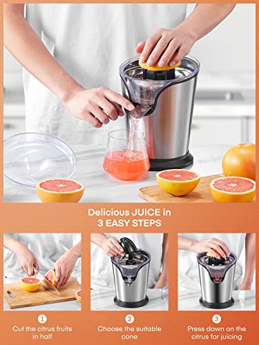 FOHERE Orange Juice Squeezer Electric Citrus Juicer with Two Interchangeable Cones Suitable for orange, lemon and Grapefruit, Brushed Stainless Steel