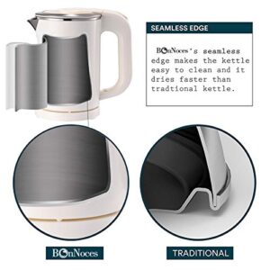 BonNoces Portable Electric Kettle - 0.5L Small Stainless Steel Travel Kettle - Quiet Fast Boil & Cool Touch - Perfect for Traveling Boiling Water, Coffee, Tea (White)