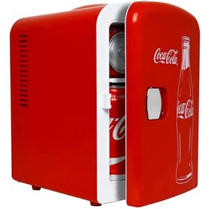 coca-cola classic coke bottle 4l mini fridge for bedroom 6 can portable cooler, personal travel refrigerator for snacks lunch drinks cosmetics, desk home office dorm, red