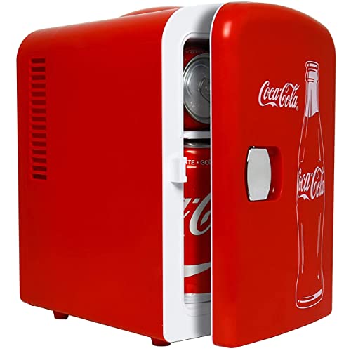 Coca-Cola Classic Coke Bottle 4L Mini Fridge for Bedroom 6 Can Portable Cooler, Personal Travel Refrigerator for Snacks Lunch Drinks Cosmetics, Desk Home Office Dorm, Red