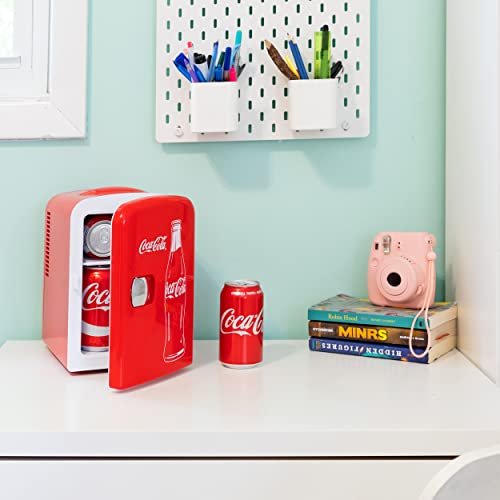 Coca-Cola Classic Coke Bottle 4L Mini Fridge for Bedroom 6 Can Portable Cooler, Personal Travel Refrigerator for Snacks Lunch Drinks Cosmetics, Desk Home Office Dorm, Red
