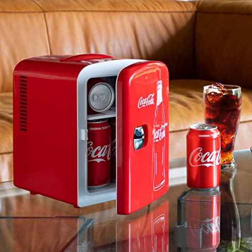 Coca-Cola Classic Coke Bottle 4L Mini Fridge for Bedroom 6 Can Portable Cooler, Personal Travel Refrigerator for Snacks Lunch Drinks Cosmetics, Desk Home Office Dorm, Red