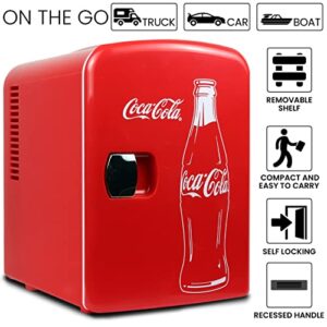 Coca-Cola Classic Coke Bottle 4L Mini Fridge for Bedroom 6 Can Portable Cooler, Personal Travel Refrigerator for Snacks Lunch Drinks Cosmetics, Desk Home Office Dorm, Red