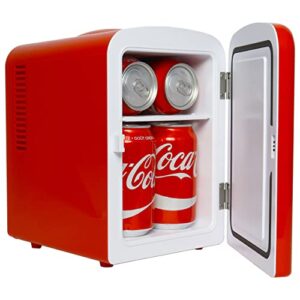 Coca-Cola Classic Coke Bottle 4L Mini Fridge for Bedroom 6 Can Portable Cooler, Personal Travel Refrigerator for Snacks Lunch Drinks Cosmetics, Desk Home Office Dorm, Red