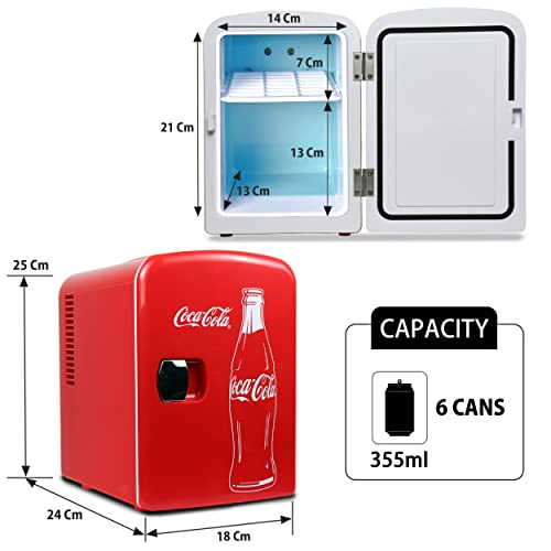 Coca-Cola Classic Coke Bottle 4L Mini Fridge for Bedroom 6 Can Portable Cooler, Personal Travel Refrigerator for Snacks Lunch Drinks Cosmetics, Desk Home Office Dorm, Red