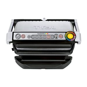 t-fal gc7 opti-grill indoor electric grill, 4-servings, automatic sensor cooking, silver