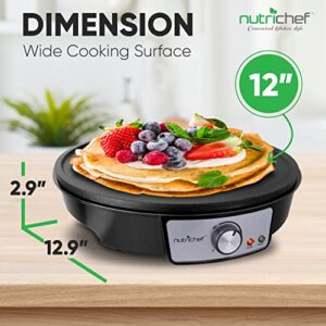 NutriChef Electric Griddle & Crepe Maker | Nonstick 12 Inch Hot Plate Cooktop | Adjustable Temperature Control | Batter Spreader & Wooden Spatula | Used Also For Pancakes, Blintzes & Eggs