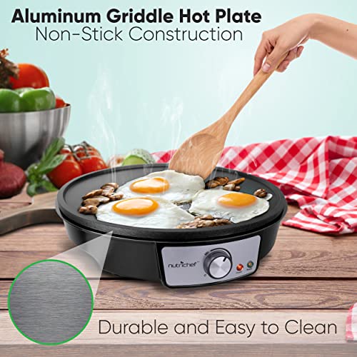 NutriChef Electric Griddle & Crepe Maker | Nonstick 12 Inch Hot Plate Cooktop | Adjustable Temperature Control | Batter Spreader & Wooden Spatula | Used Also For Pancakes, Blintzes & Eggs