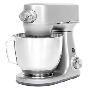 GE Tilt-Head Electric Stand Mixer | 7-Speed, 350-Watt Motor | Includes 5.3-Quart Bowl, Flat Beater, Dough Hook, Wire Whisk & Pouring Shield | Countertop Kitchen Essentials | Granite Gray