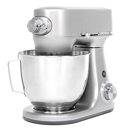 GE Tilt-Head Electric Stand Mixer | 7-Speed, 350-Watt Motor | Includes 5.3-Quart Bowl, Flat Beater, Dough Hook, Wire Whisk & Pouring Shield | Countertop Kitchen Essentials | Granite Gray