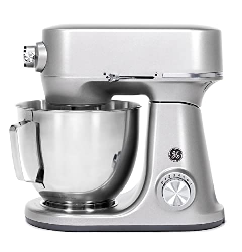 GE Tilt-Head Electric Stand Mixer | 7-Speed, 350-Watt Motor | Includes 5.3-Quart Bowl, Flat Beater, Dough Hook, Wire Whisk & Pouring Shield | Countertop Kitchen Essentials | Granite Gray