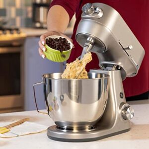 GE Tilt-Head Electric Stand Mixer | 7-Speed, 350-Watt Motor | Includes 5.3-Quart Bowl, Flat Beater, Dough Hook, Wire Whisk & Pouring Shield | Countertop Kitchen Essentials | Granite Gray