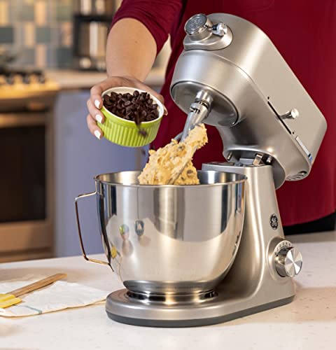 GE Tilt-Head Electric Stand Mixer | 7-Speed, 350-Watt Motor | Includes 5.3-Quart Bowl, Flat Beater, Dough Hook, Wire Whisk & Pouring Shield | Countertop Kitchen Essentials | Granite Gray