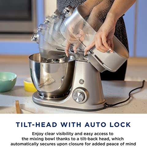 GE Tilt-Head Electric Stand Mixer | 7-Speed, 350-Watt Motor | Includes 5.3-Quart Bowl, Flat Beater, Dough Hook, Wire Whisk & Pouring Shield | Countertop Kitchen Essentials | Granite Gray