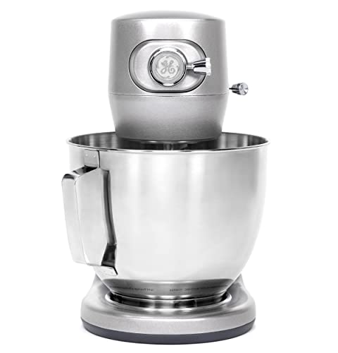 GE Tilt-Head Electric Stand Mixer | 7-Speed, 350-Watt Motor | Includes 5.3-Quart Bowl, Flat Beater, Dough Hook, Wire Whisk & Pouring Shield | Countertop Kitchen Essentials | Granite Gray