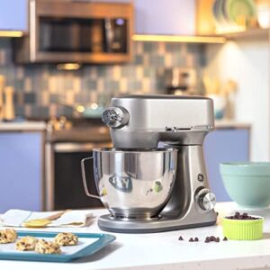 GE Tilt-Head Electric Stand Mixer | 7-Speed, 350-Watt Motor | Includes 5.3-Quart Bowl, Flat Beater, Dough Hook, Wire Whisk & Pouring Shield | Countertop Kitchen Essentials | Granite Gray