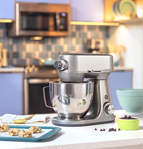 GE Tilt-Head Electric Stand Mixer | 7-Speed, 350-Watt Motor | Includes 5.3-Quart Bowl, Flat Beater, Dough Hook, Wire Whisk & Pouring Shield | Countertop Kitchen Essentials | Granite Gray