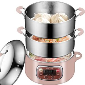 bear electric multifunctional food steamer, one touch digital steamer with timer, vegetable steamer 2 tiered stackable stainless steel baskets, auto shut-off & anti-dry protection, 1200w fast heating, 8.5quart, pink