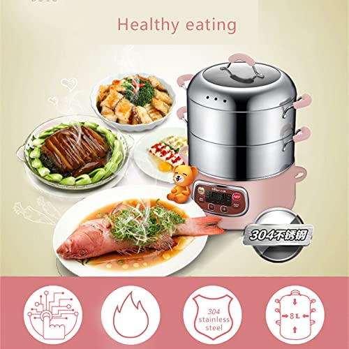 Bear Electric Multifunctional Food Steamer, One Touch Digital Steamer with Timer, Vegetable Steamer 2 Tiered Stackable Stainless Steel Baskets, Auto Shut-off & Anti-dry Protection, 1200W Fast Heating, 8.5Quart, Pink