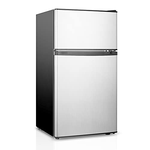 HAILANG Mini Fridge With Freezer,3.2 Cu.Ft Compact Refrigerator With 2 Doors For Bedroom,Office,Kitchen,Apartment,Dorm(Brushed Silver)