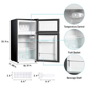 HAILANG Mini Fridge With Freezer,3.2 Cu.Ft Compact Refrigerator With 2 Doors For Bedroom,Office,Kitchen,Apartment,Dorm(Brushed Silver)