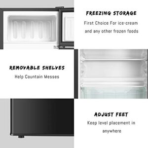 HAILANG Mini Fridge With Freezer,3.2 Cu.Ft Compact Refrigerator With 2 Doors For Bedroom,Office,Kitchen,Apartment,Dorm(Brushed Silver)